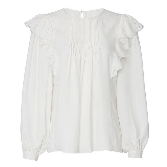 JOIE 70s Eyelet Embroidered Ruffle Pintuck Long Poet Sleeve Peasant Blouse L - Picture 11 of 14